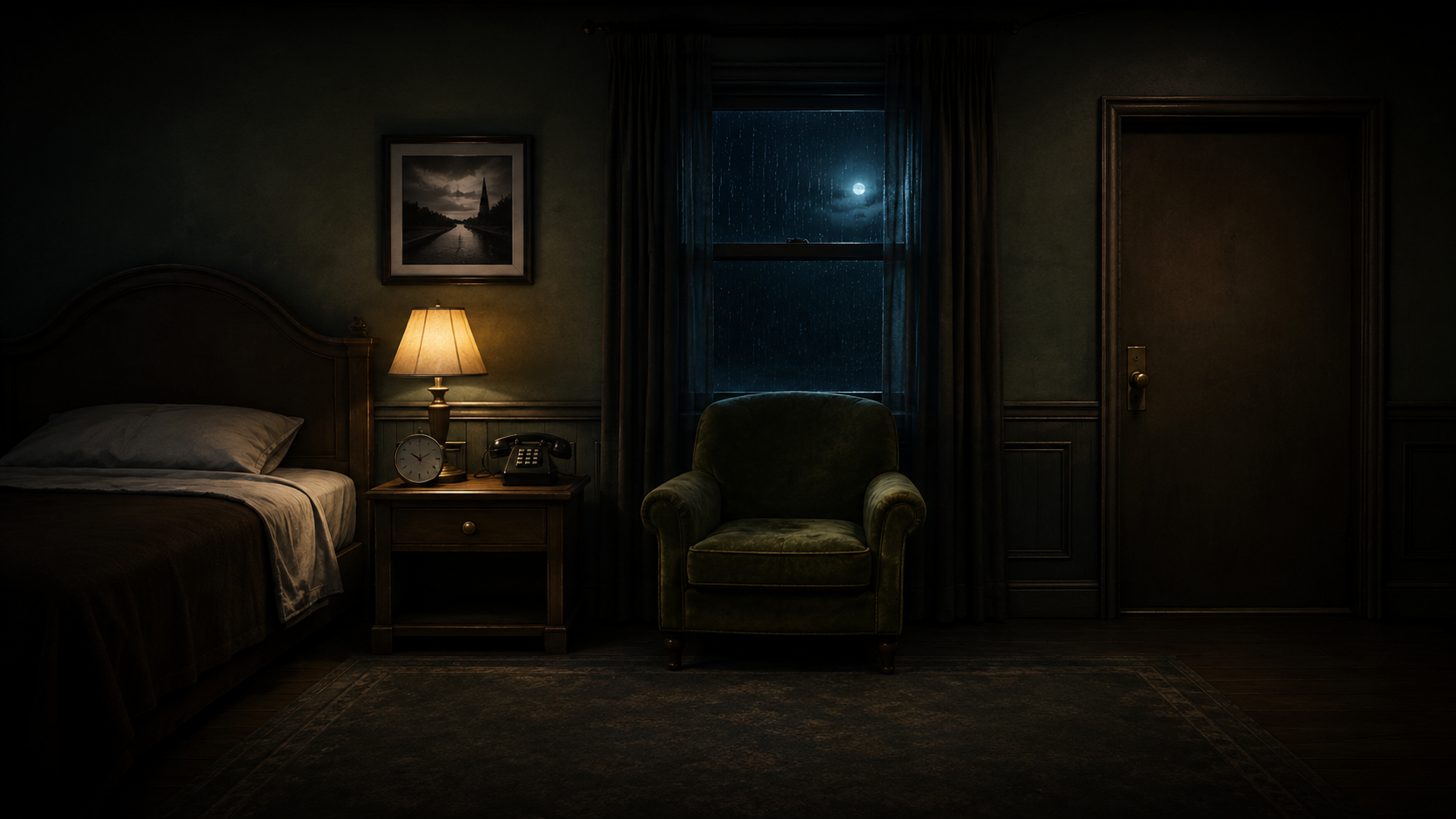 A dark hotel room at night